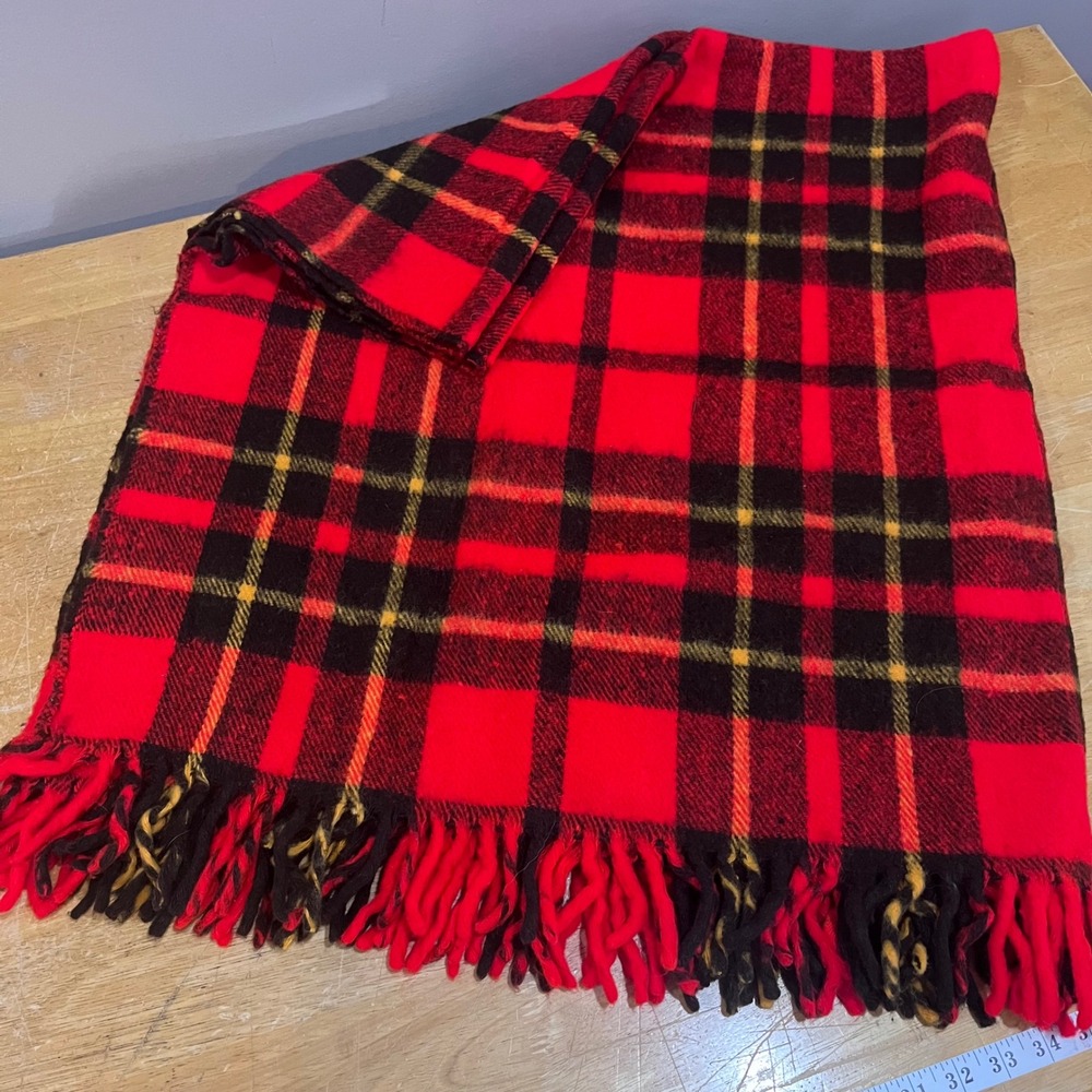 Vtg Faribo Red Black Plaid Wool Throw Blanket Fringed Cabin Lodge 50x56 USA Made